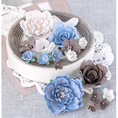 Набор цветов "Пионы и розы" бежево-синие