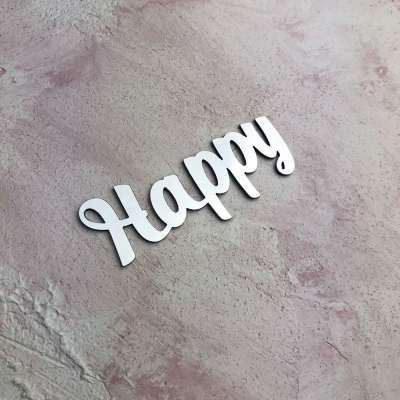 Слово Happy из пластика с серебряным зеркальным покрытием,7х2.5 см