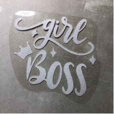 Надпись из белого термотрансфера с глиттером Girl boss, 10,5х12 см